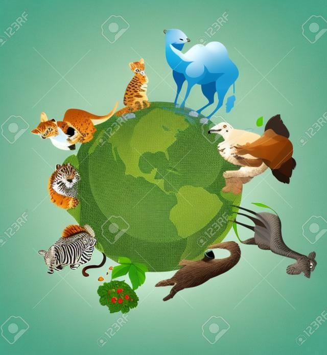 A vadon élő állatok a Föld körül illusztráció