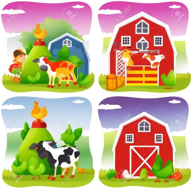 Los niños y los animales de granja en la granja ilustración