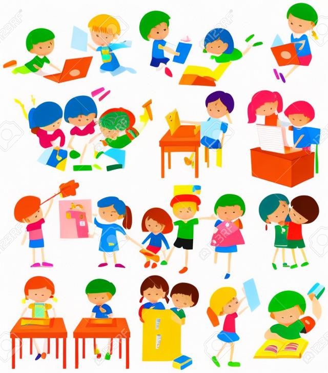 Crianças, fazendo, atividades, em, escola, ilustração
