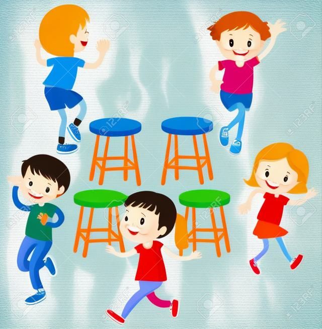 Bambini giocare sedie musicali illustrazione