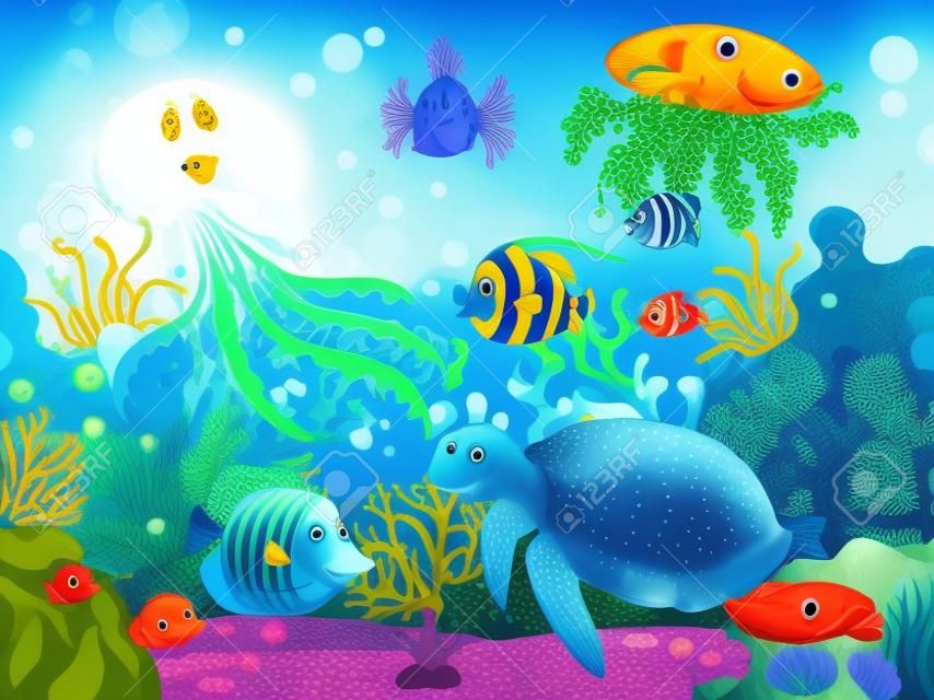 Szene mit Meerestieren unter dem Ozean Illustration