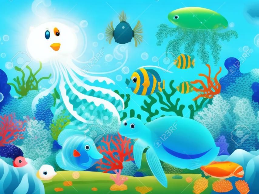 Szene mit Meerestieren unter dem Ozean Illustration