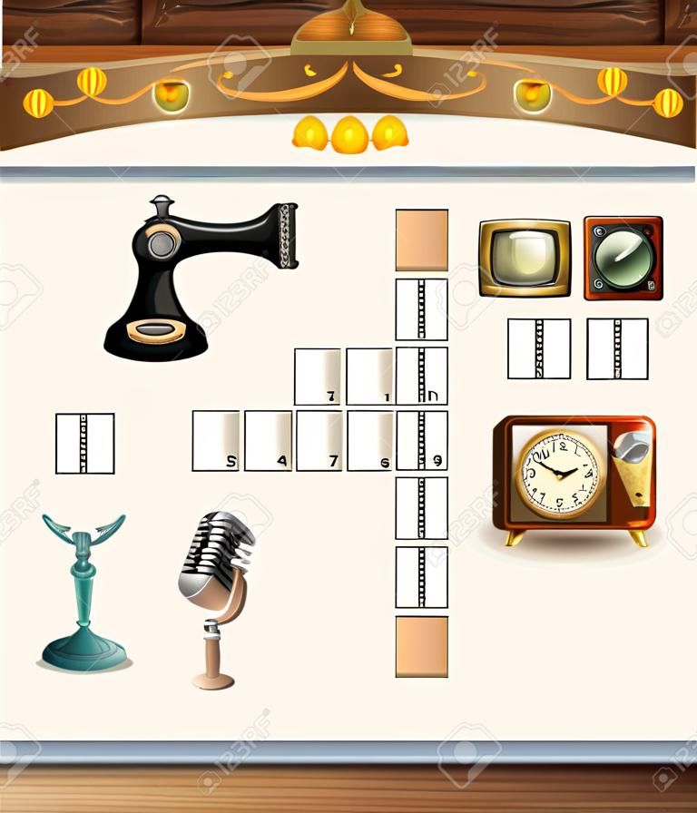 Word puzzel spel template met antieke objecten illustratie