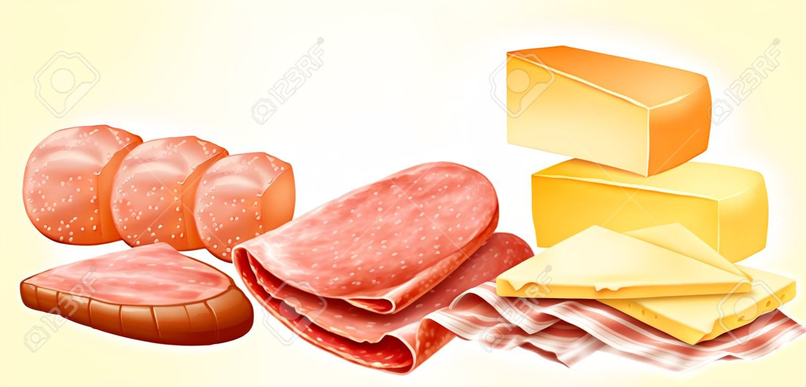 Formaggi e diversi tipi di prodotti a base di carne illustrazione