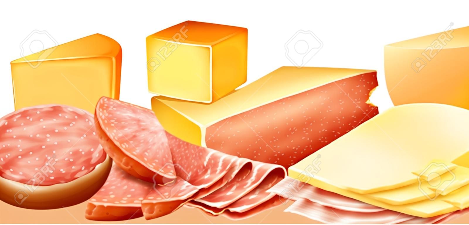Сыр и различные виды мясных продуктов иллюстрации