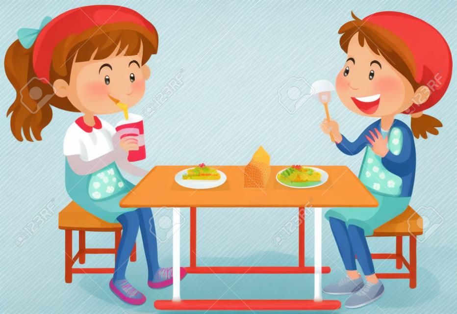 두 여자 피크닉 테이블 그림에 먹는