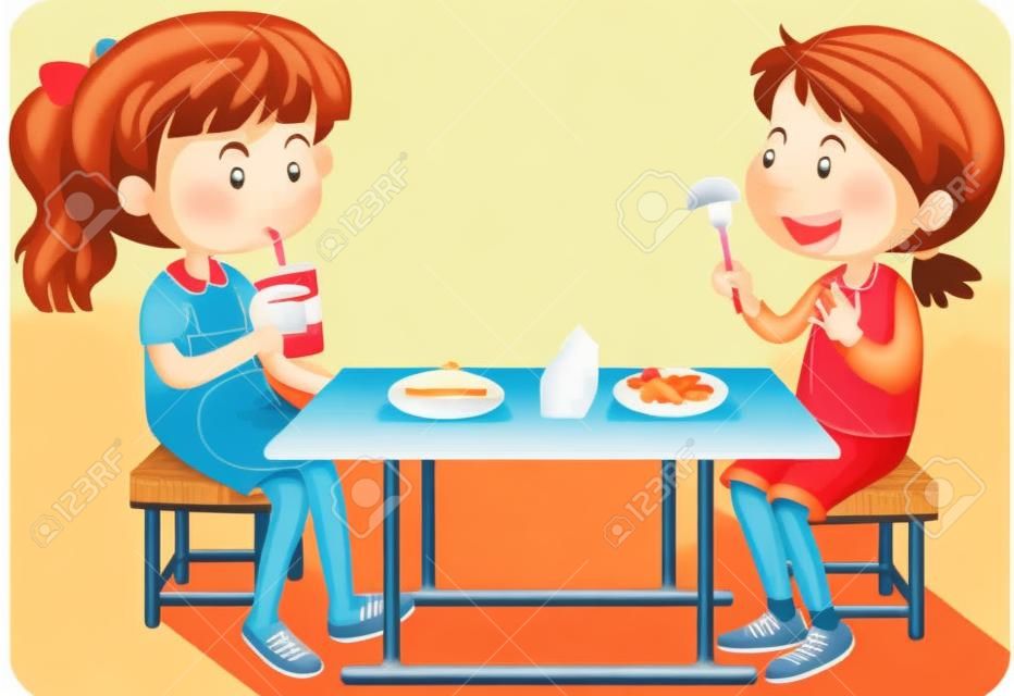 Dwie dziewczyny jedzenia na stole piknikowe ilustracji