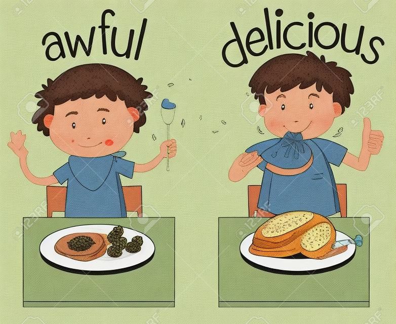 Opposite words for awful and delicious illustration