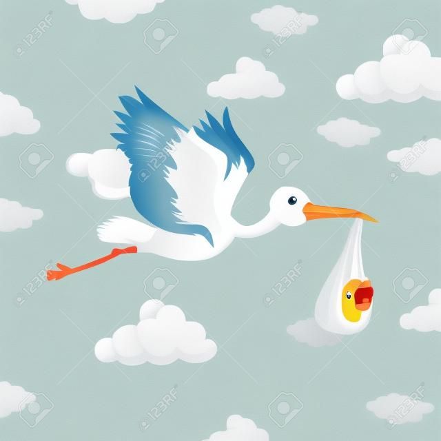 Stork delivering baby boy illustration