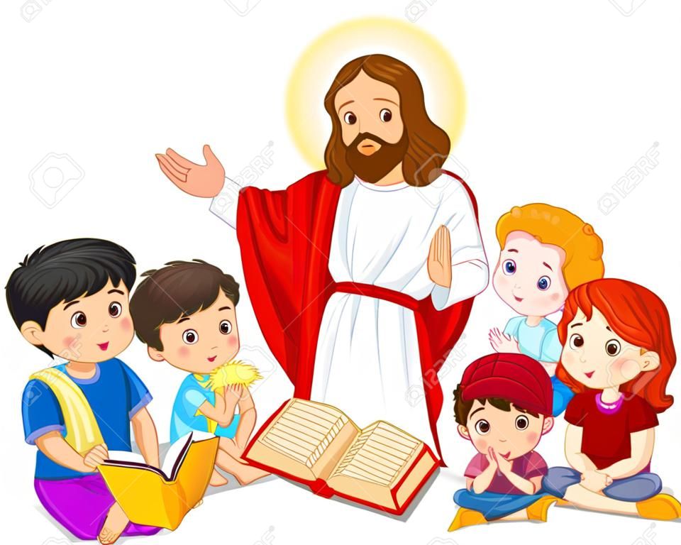 Jesus preaching to a children group cartoon character illustration