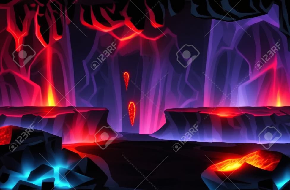 Infernal dark cave with lava scene illustration