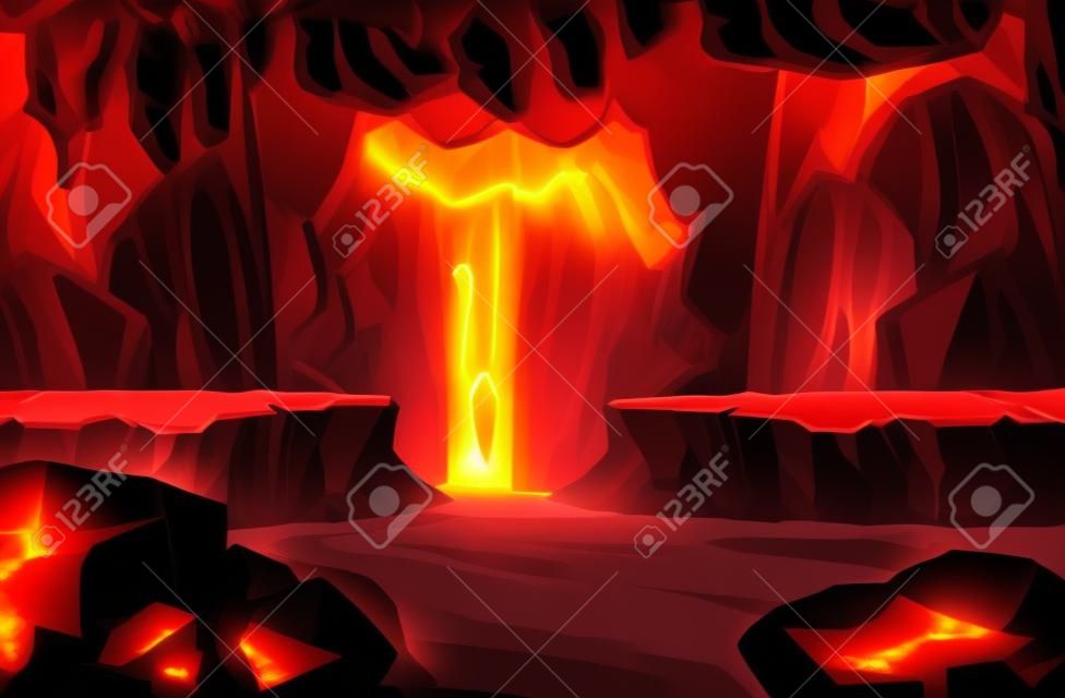 Grotta oscura infernale con illustrazione della scena della lava
