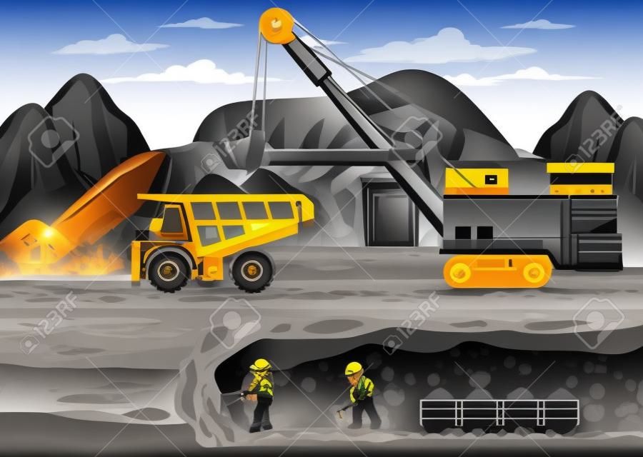 Paisaje de la minería del carbón con ilustración de escena subterránea