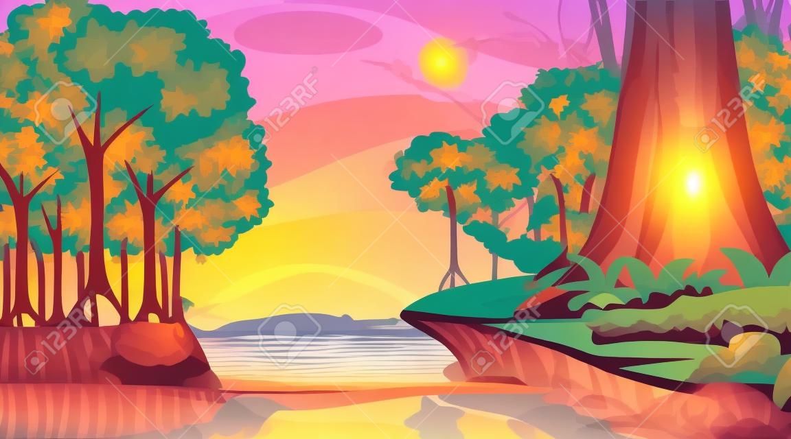 Nature scene with Mangrove forest at sunset time in cartoon style illustration