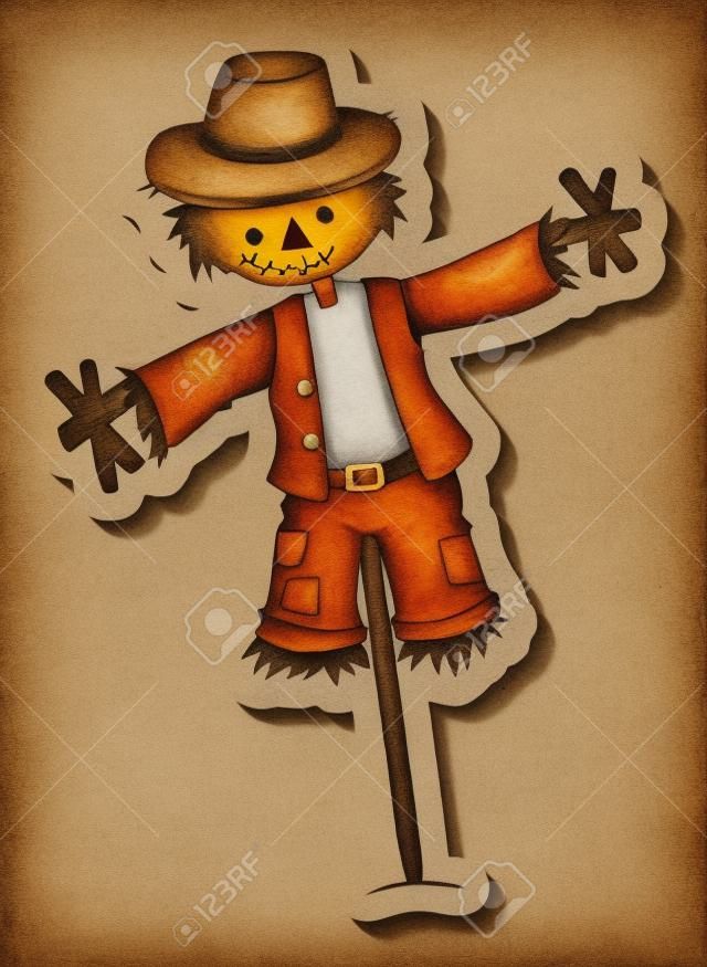 Scarecrow dressed like boy on wooden stick illustration