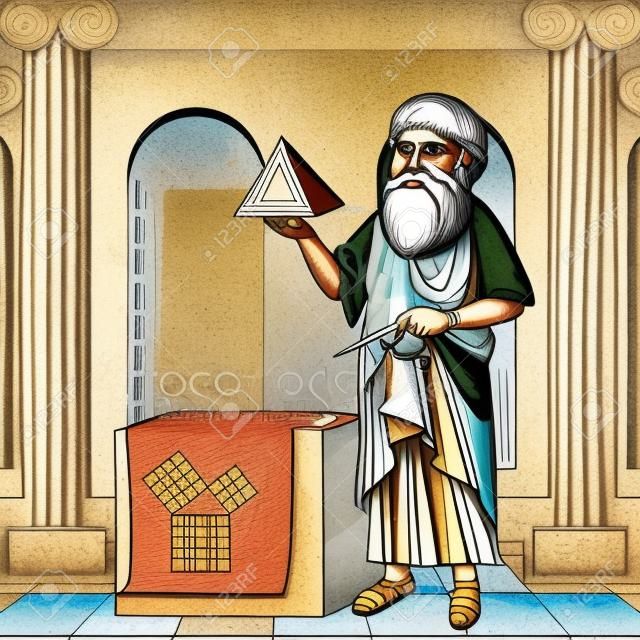 Pythagoras philosopher in cartoon style illustration