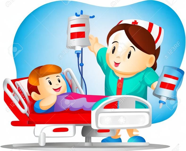 Cartoon van verpleegster helpen kind patiënt