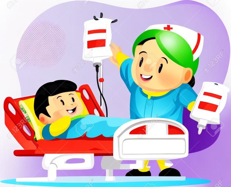 Cartoon van verpleegster helpen kind patiënt