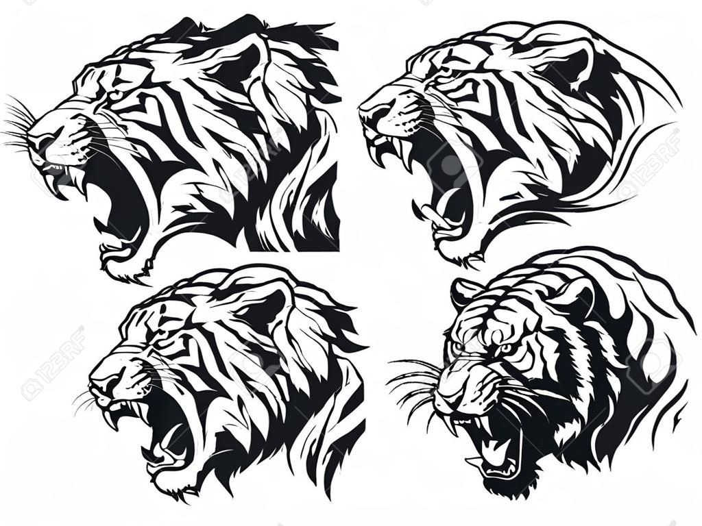 Silhouette angry tiger roaring head isolated illustration vector outline set