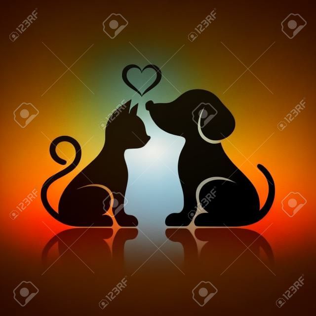 gato y perro lindo siluetas con la reflexión