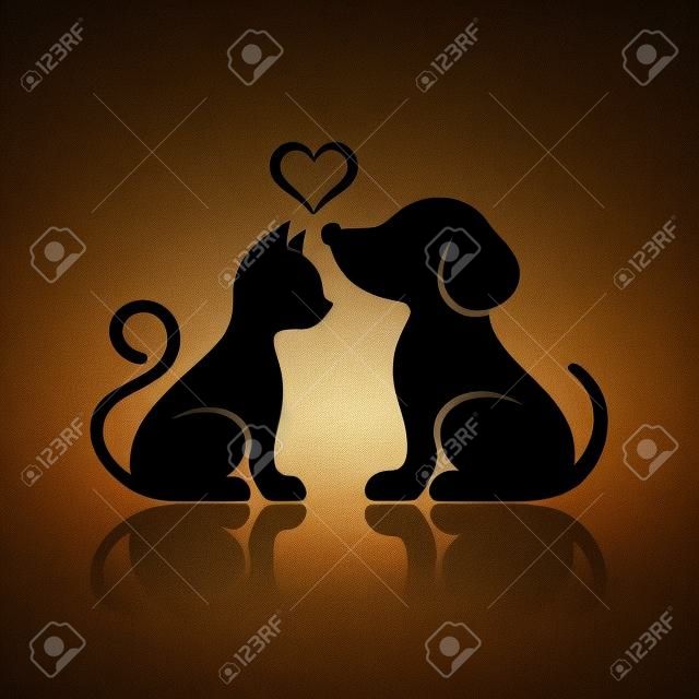 Cute cat and dog silhouettes with reflection