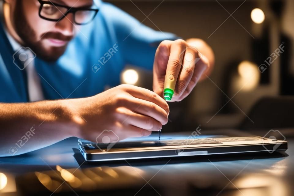 エンジニアは、ドライバーでノートパソコンを修理します。クローズ アップ。