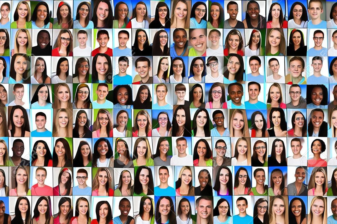 A fiatalok háttér kollázs nagy csoportja a mosolygó arcok a közösségi média