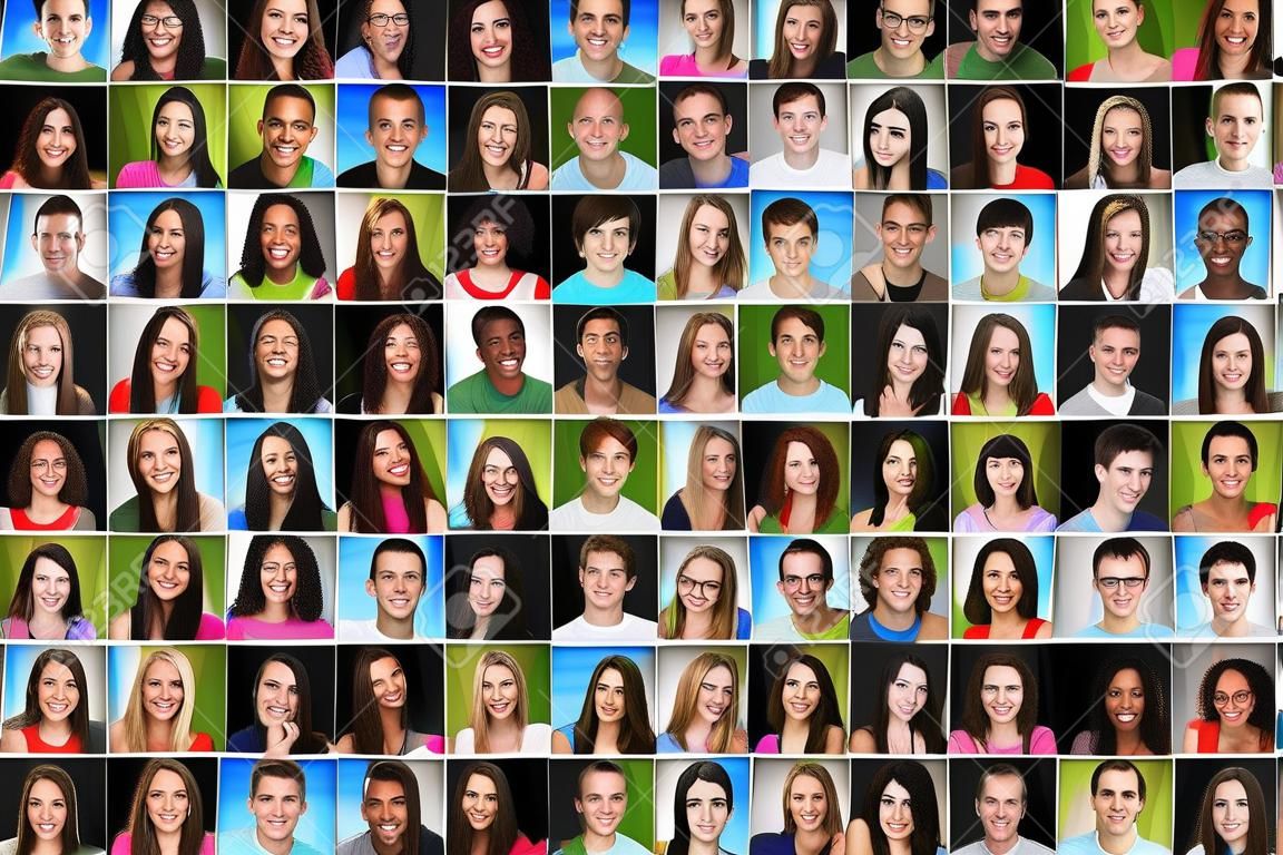Młodzi ludzie kolaż Duża grupa uśmiechniętych twarzy social media