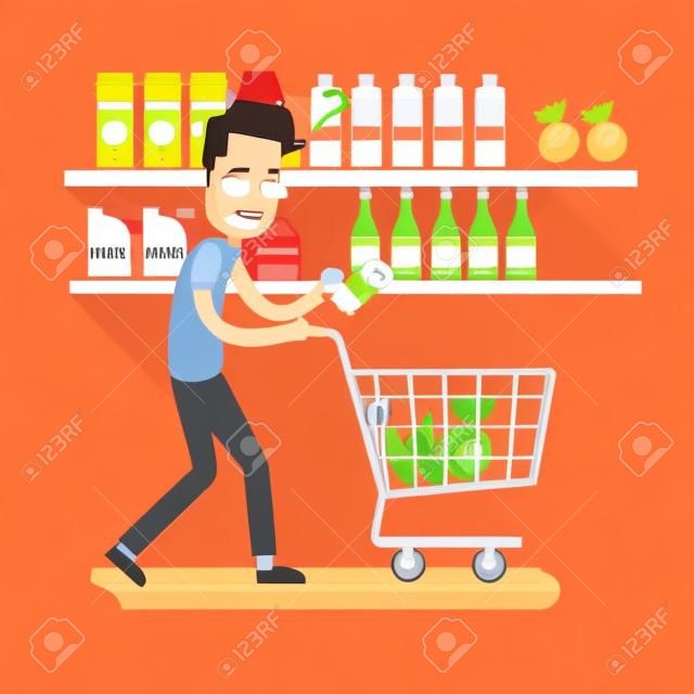 hombre confundido compras en el supermercado - diseño plano
