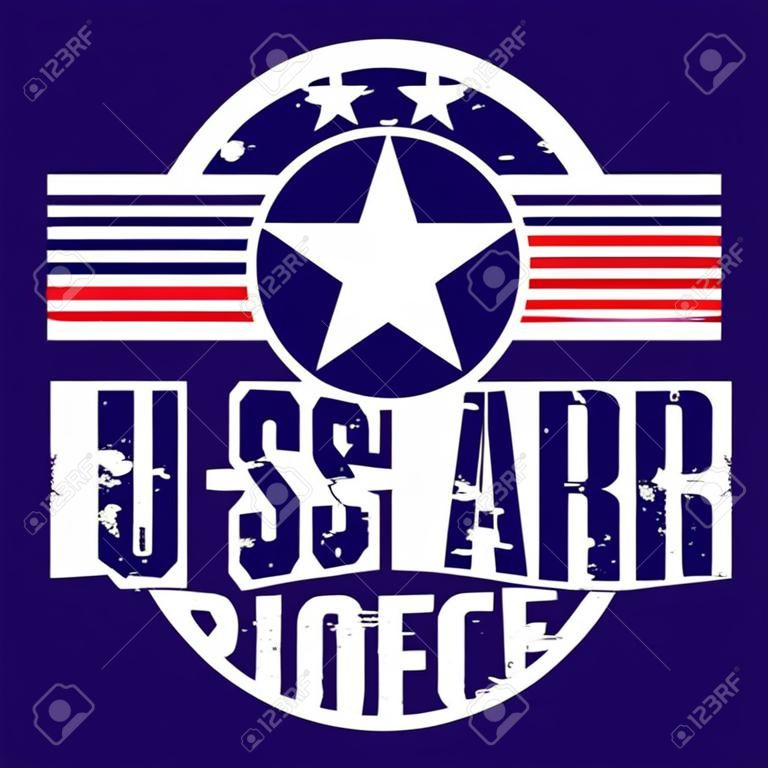 Design de impressão de camiseta. Selo de tshirt vintage da Força Aérea dos EUA. Impressão e crachá applique label t-shirts, jeans, desgaste casual. Ilustração vetorial.