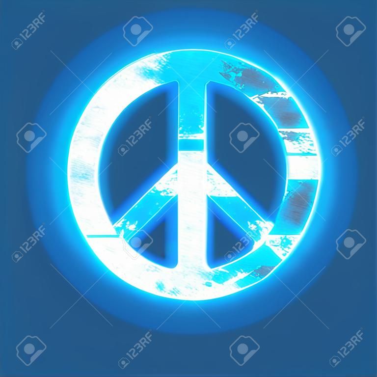Simbolo di pace grunge con un bagliore al neon blu, design vintage. Illustrazione vettoriale.