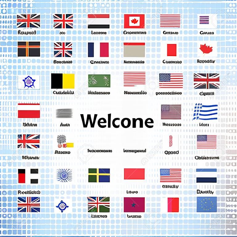 Black welcome phrases in different languages of the world and countries flags, square illustration
