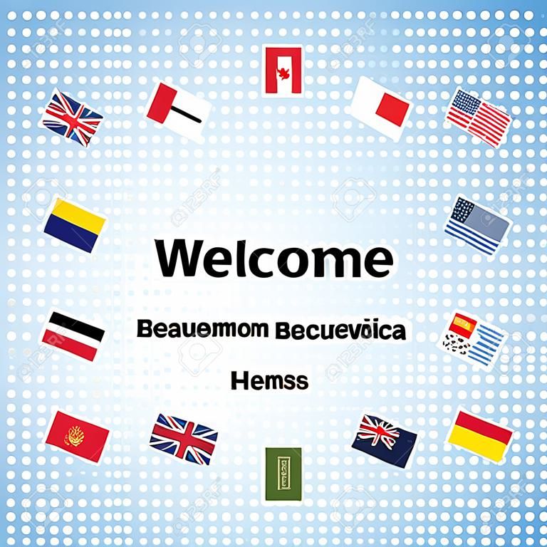 Black welcome phrases in different languages of the world and countries flags, square illustration