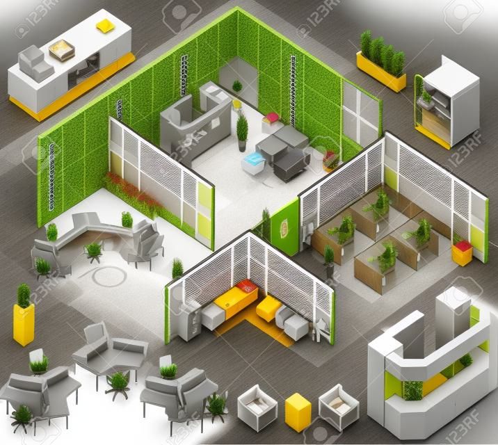 office isometric  with completed workstation, meeting room, receptions, lobby, include business people, activity