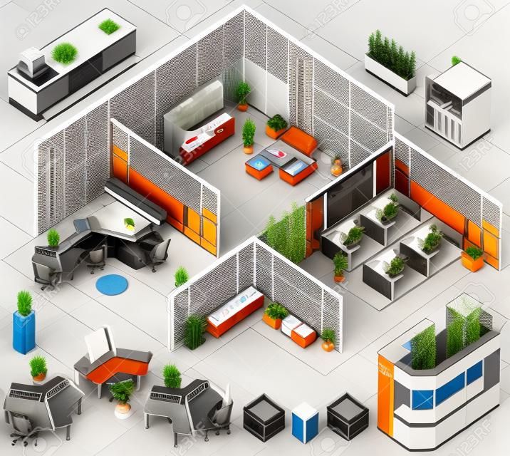 office isometric  with completed workstation, meeting room, receptions, lobby, include business people, activity