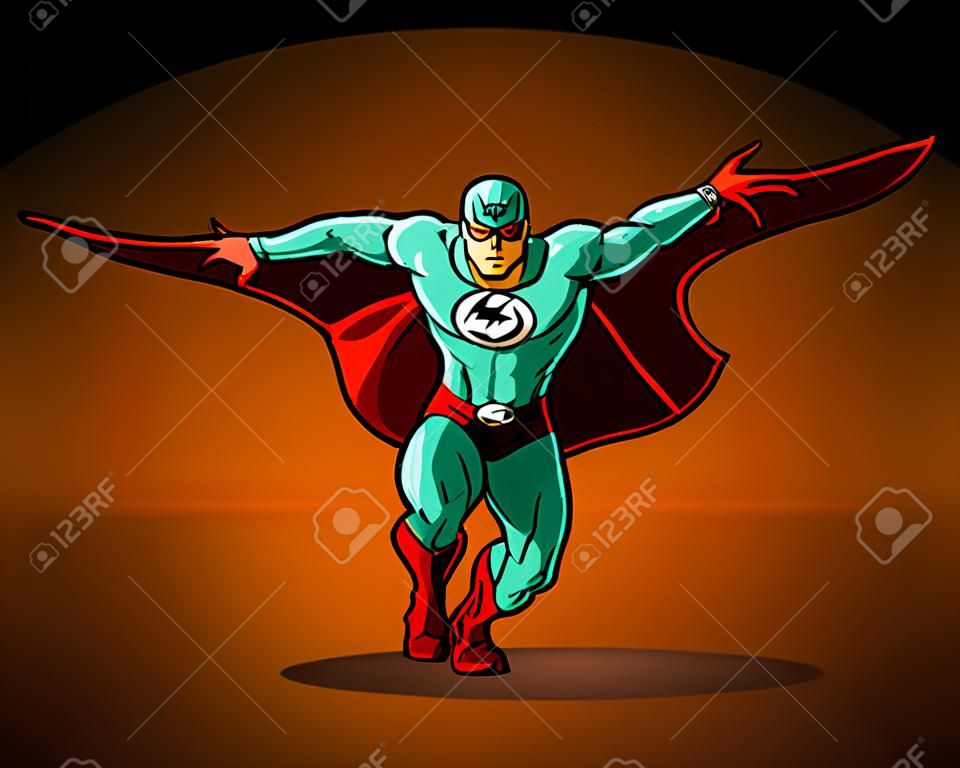 A pessoa em um terno do super-herói. Ilustração em estilo comic.