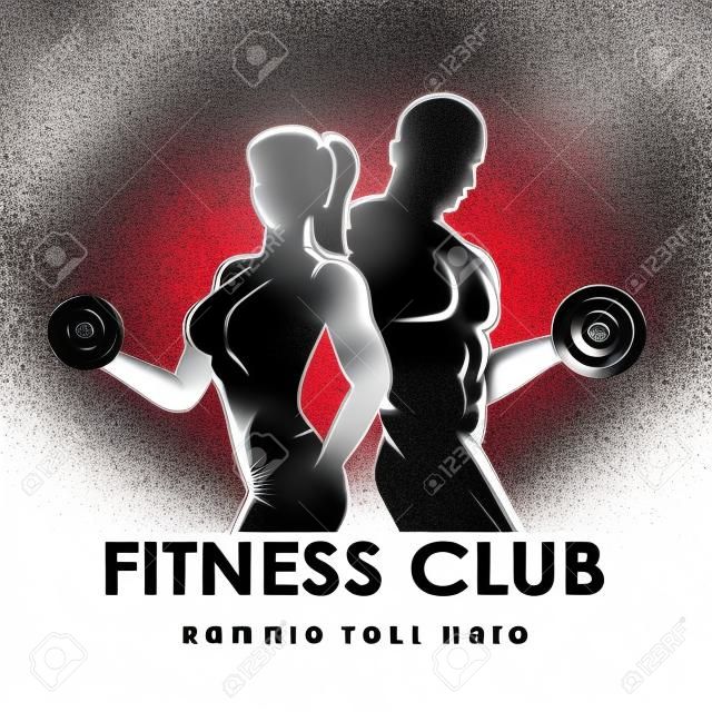 Fitness club logo of embleem met vrouw en man silhouetten. Vrouw en Man houdt halters. Geïsoleerd op witte achtergrond. Gratis lettertype Raleway gebruikt.