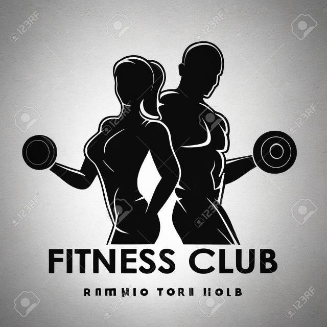 Logotipo do clube de fitness ou emblema com silhuetas de mulher e homem. Mulher e homem segura halteres. Isolado no fundo branco. Fonte livre Raleway usada.