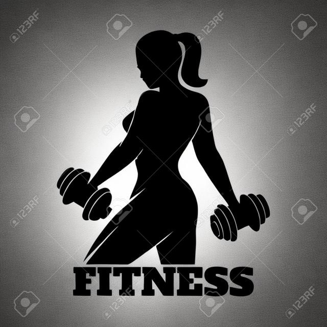Fitness club e bandiera palestra o poster design. Silhouette di donna atletica con manubri. font gratuito utilizzato.