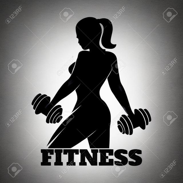Fitness club e bandiera palestra o poster design. Silhouette di donna atletica con manubri. font gratuito utilizzato.
