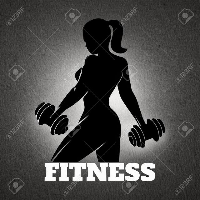 Fitness club and gym banner or poster design. Silhouette of athletic woman with dumbbells. Free font used.