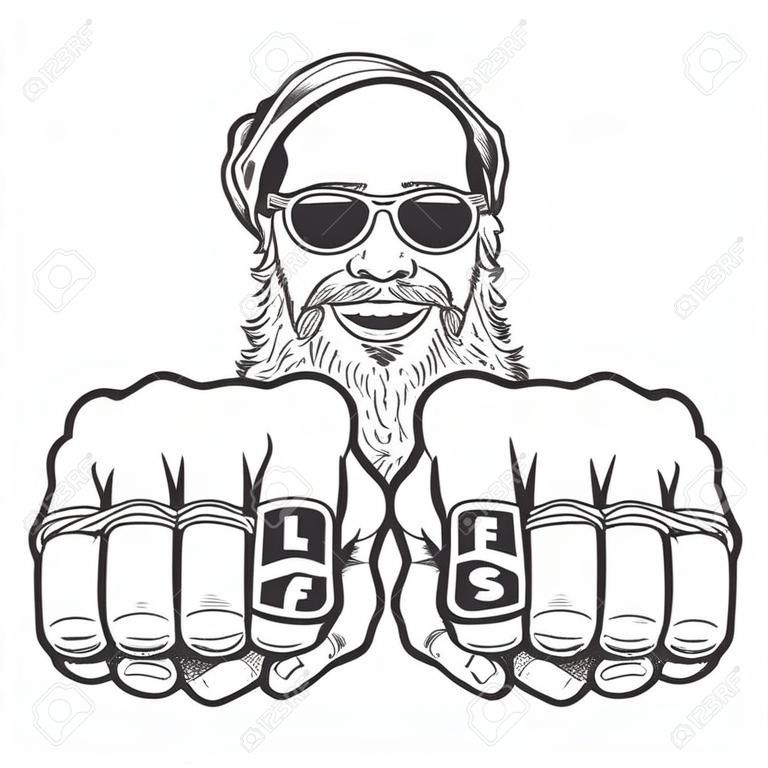biker sourire barbu dans des verres et bandana tient ses poings avec des anneaux de club en direct rapide. Illustration dans le style de bande dessinée.