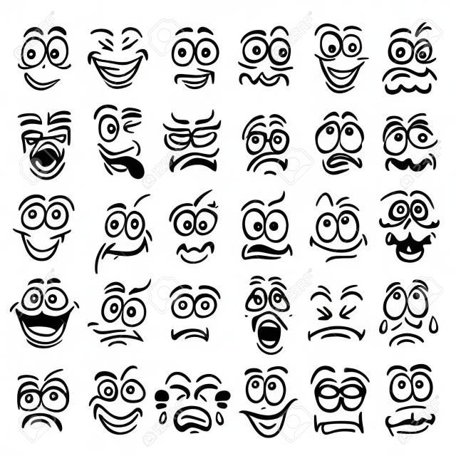 卡通臉情感集。在塗鴉風格不同的面部表情隔絕在白色。矢量插圖。