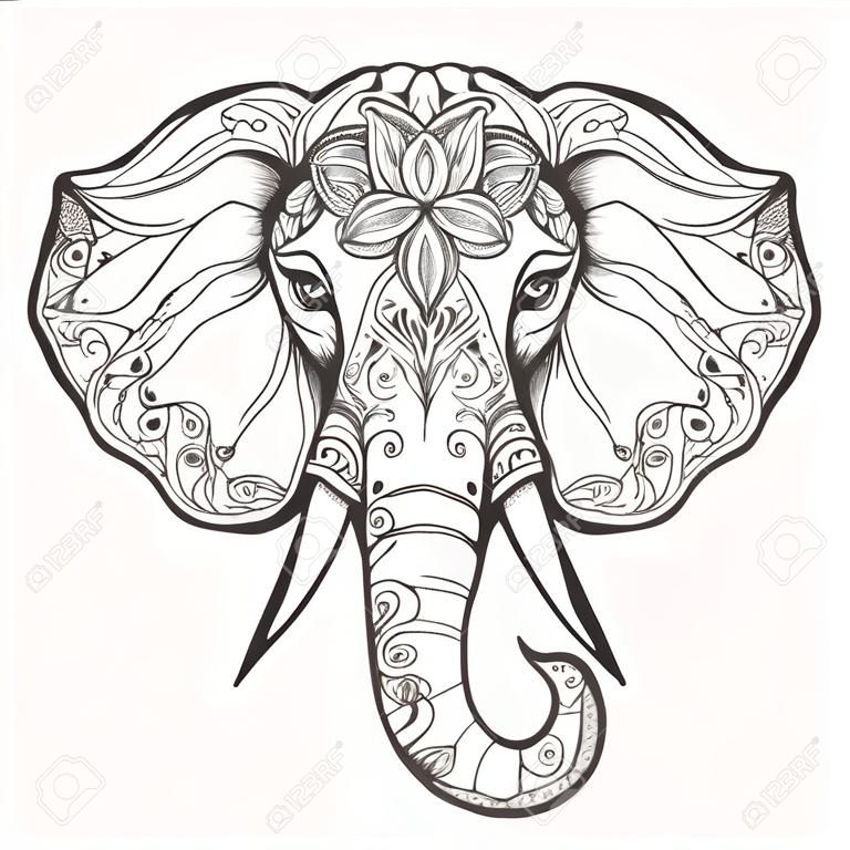 Elephant Head in Henna style. Hand drawn black and white zentangle vector illustration.