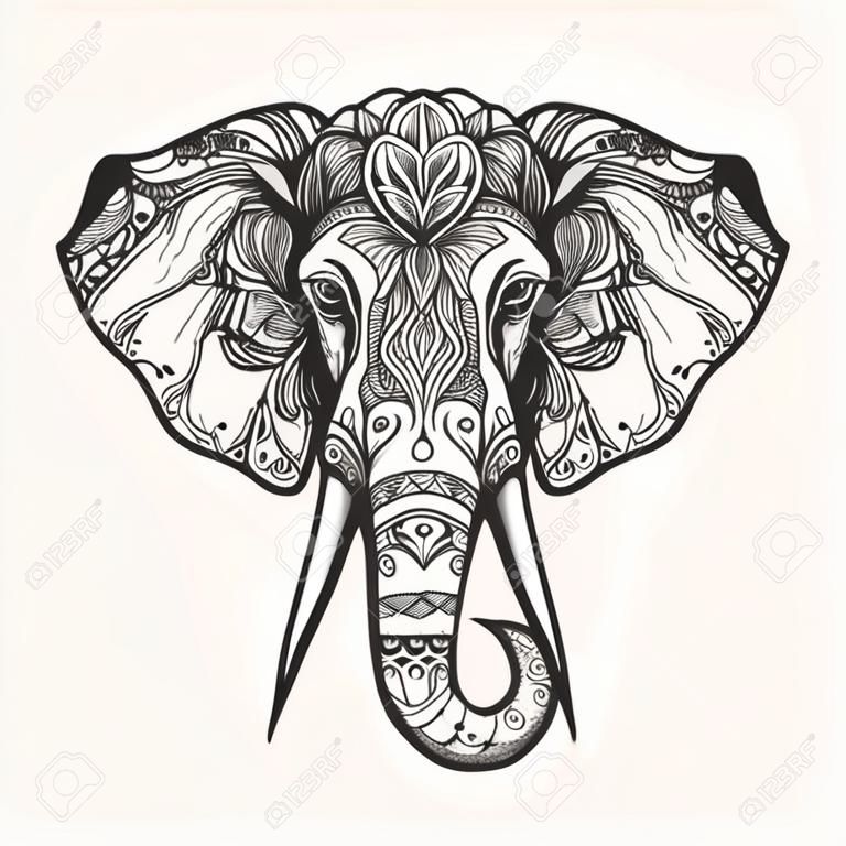 Elefántfej Henna stílusban. Kézi fekete-fehér zentangle vektoros illusztráció.