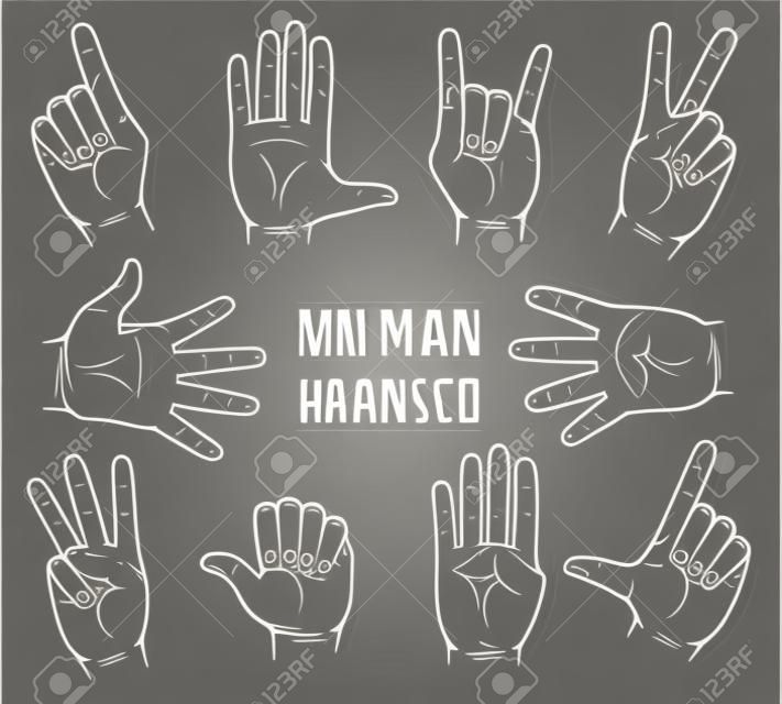 Set of man hand gesture drawn in retro style. Vector illustration.