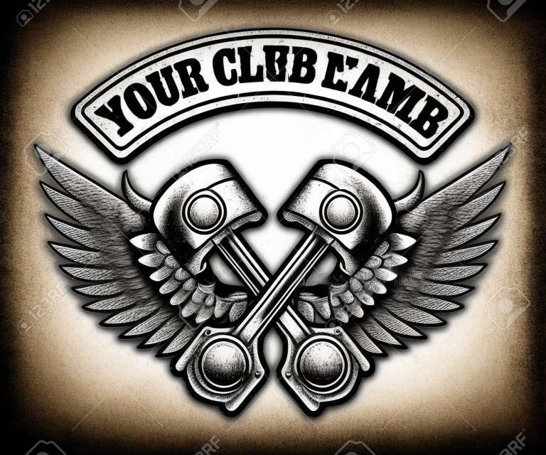 Emblema del club motociclista. Etichetta vintage di pistoni alati club di motori. Illustrazione vettoriale