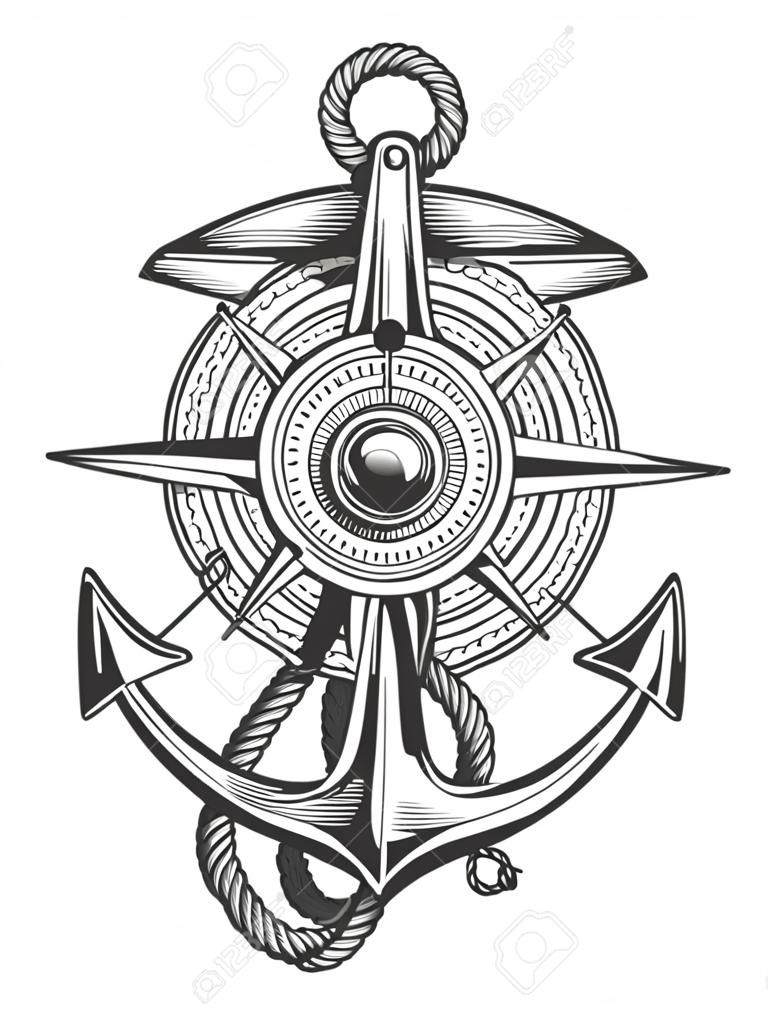 Anker met touwen en Nautisch vintage kompas getekend in gravure stijl. Vector illustratie.