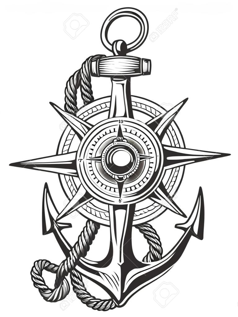 Якорь с веревками и морской старинный компас, нарисованный в стиле гравюры. Векторная иллюстрация.