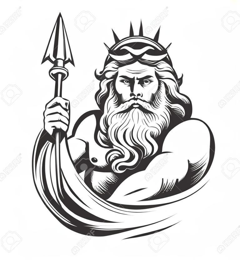 Neptune holds Trident drawn in engraving style isolated on white background. Vector illustration.